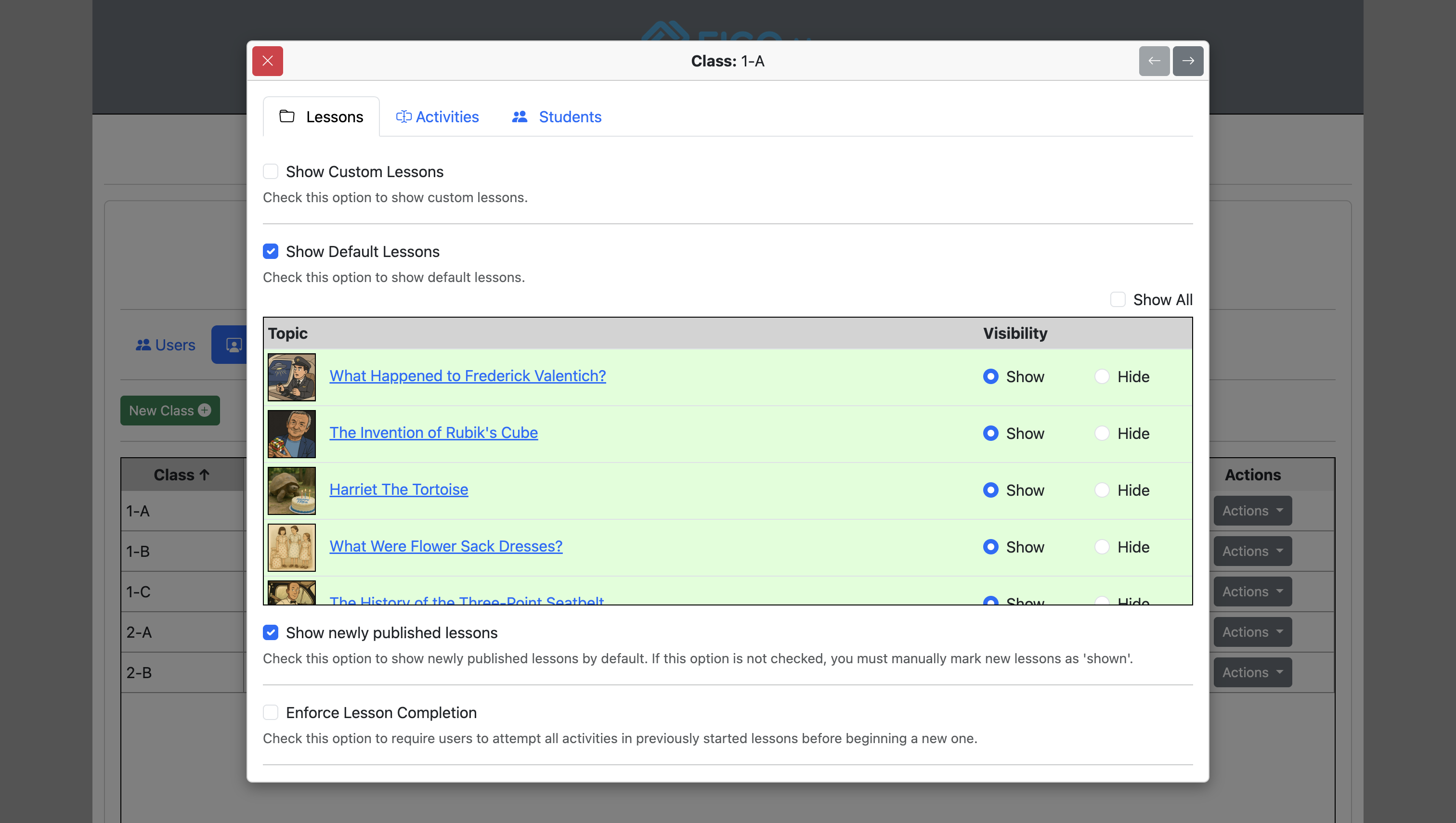 Screenshot for How to override institutional options for specified classes, step 5
