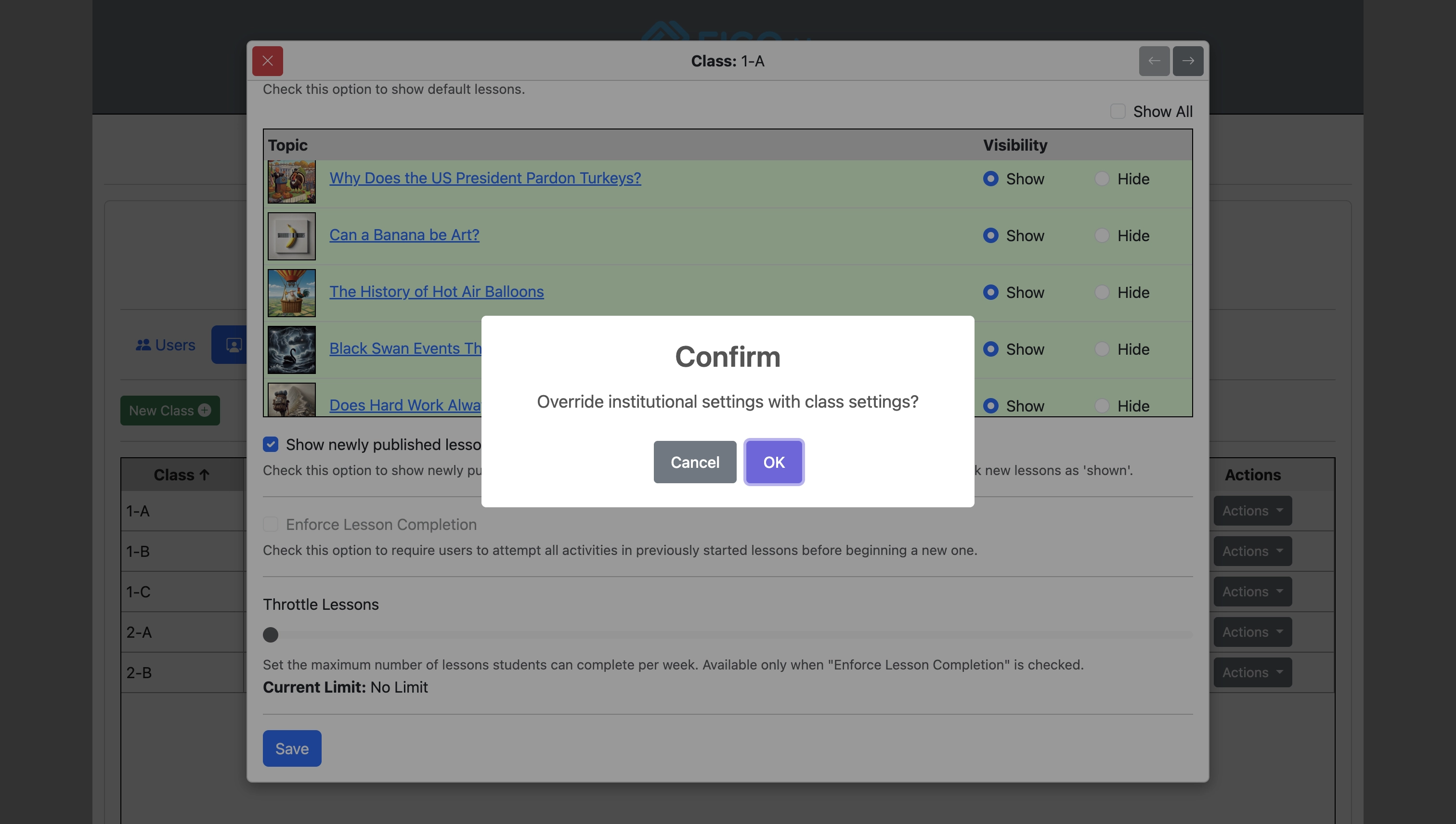 Screenshot for How to override institutional options for specified classes, step 7