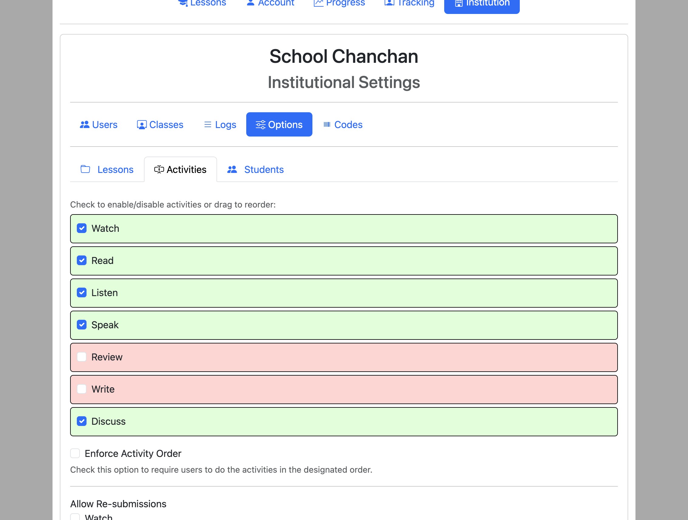 Screenshot for Institutional options, step 12