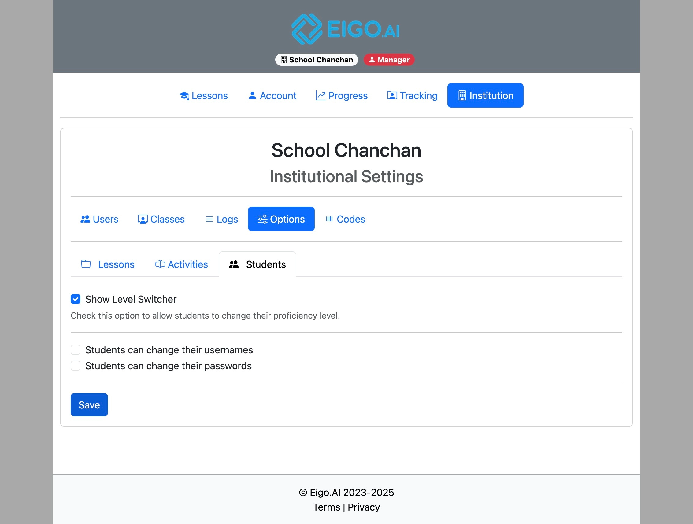 Screenshot for Institutional options, step 28