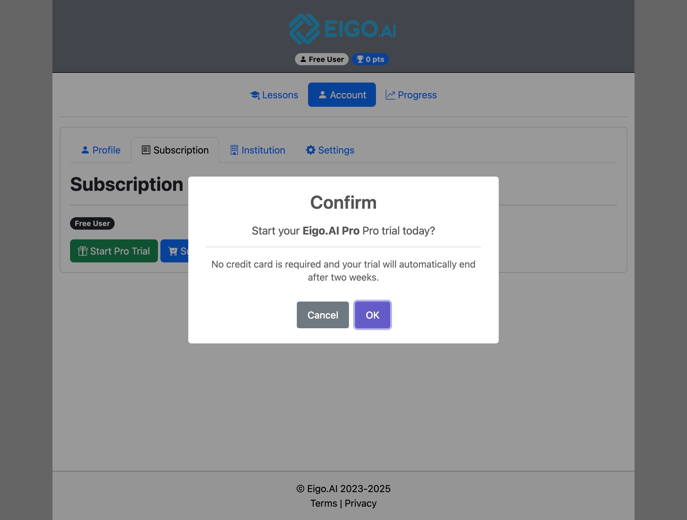 Screenshot for How to start a Pro trial, step 5