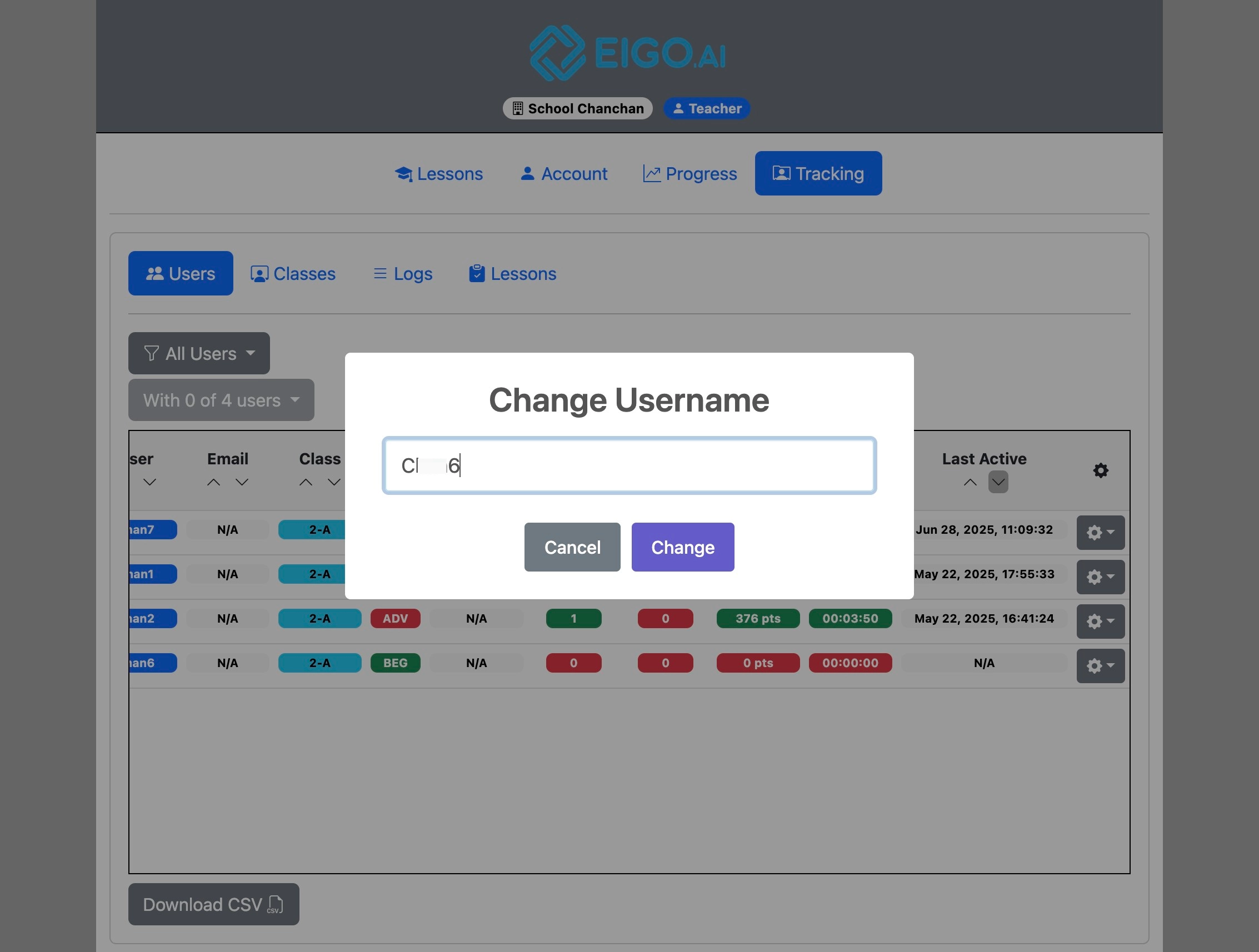 Screenshot for How to change students' usernames and passwords, step 4