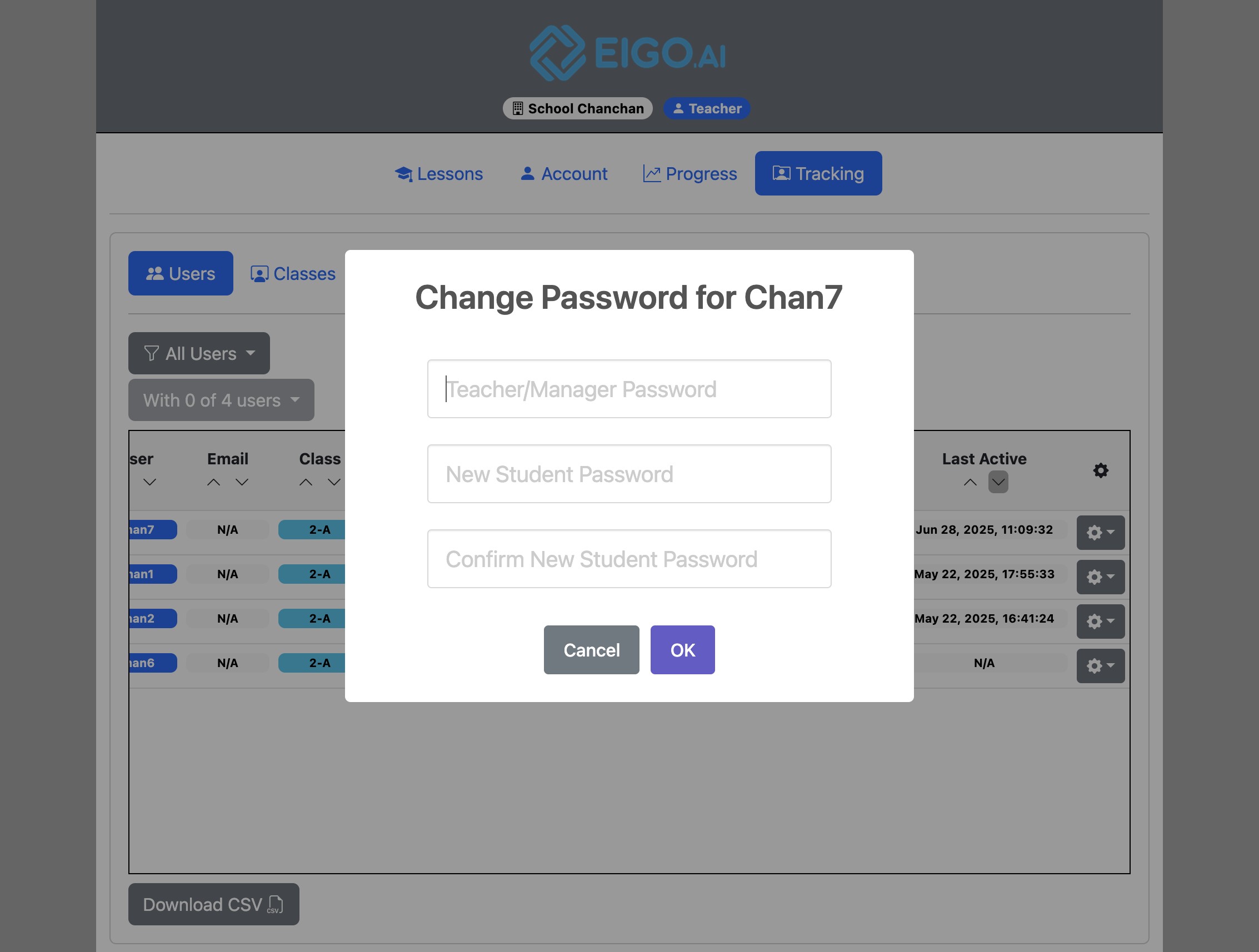 Screenshot for How to change students' usernames and passwords, step 7