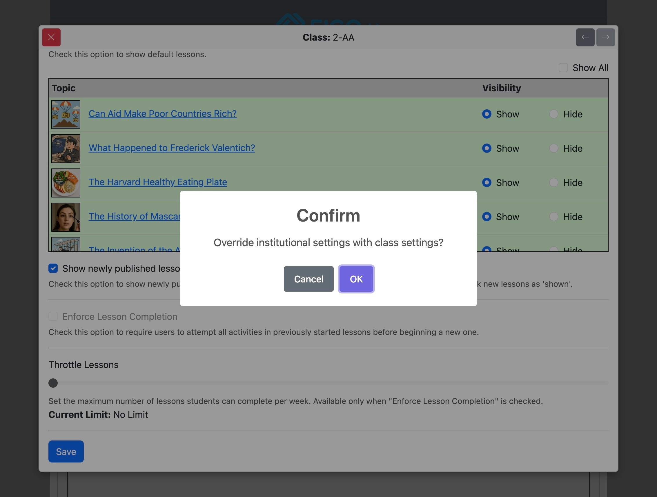 Screenshot for How to override institutional options for specified classes, step 13