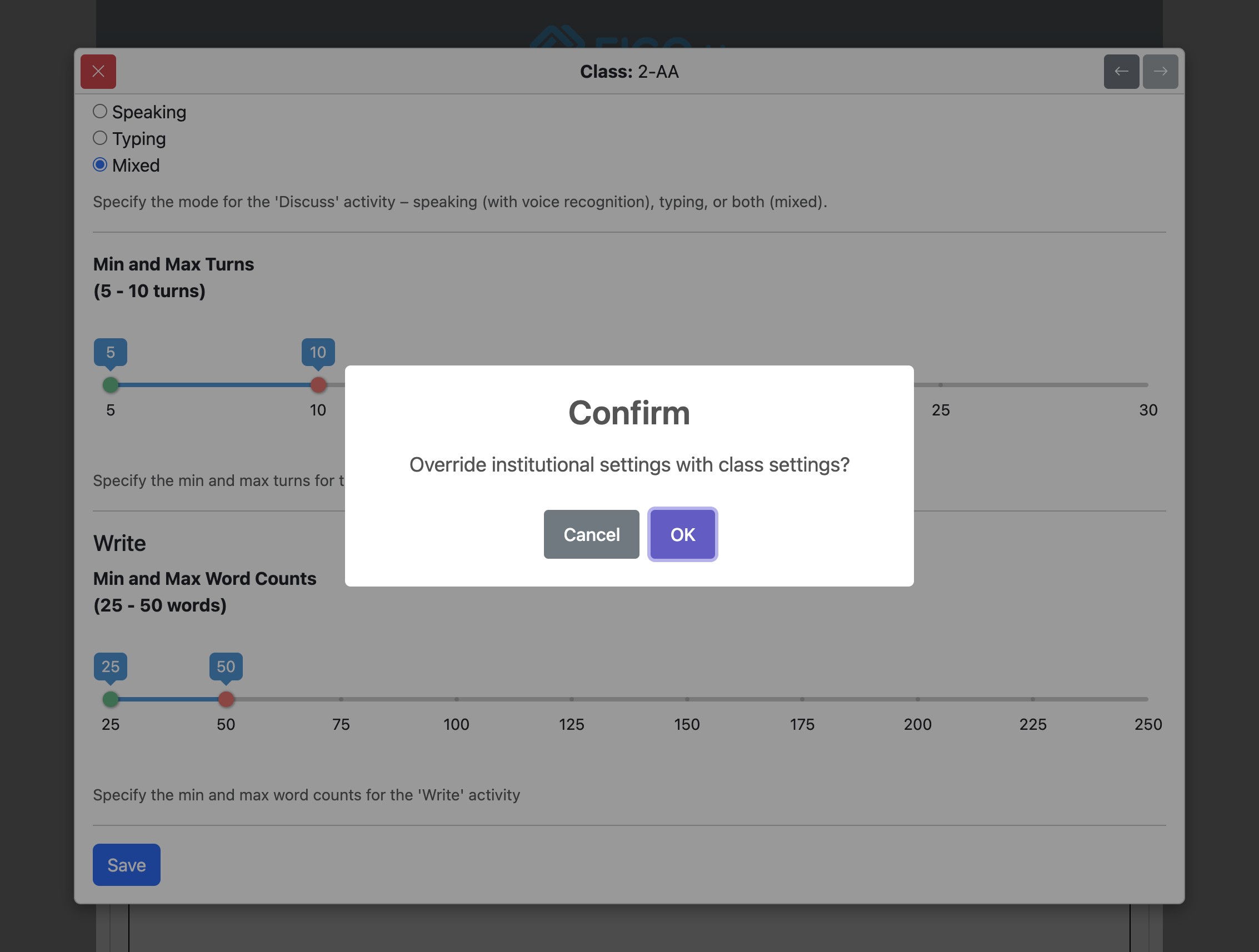 Screenshot for How to override institutional options for specified classes, step 26