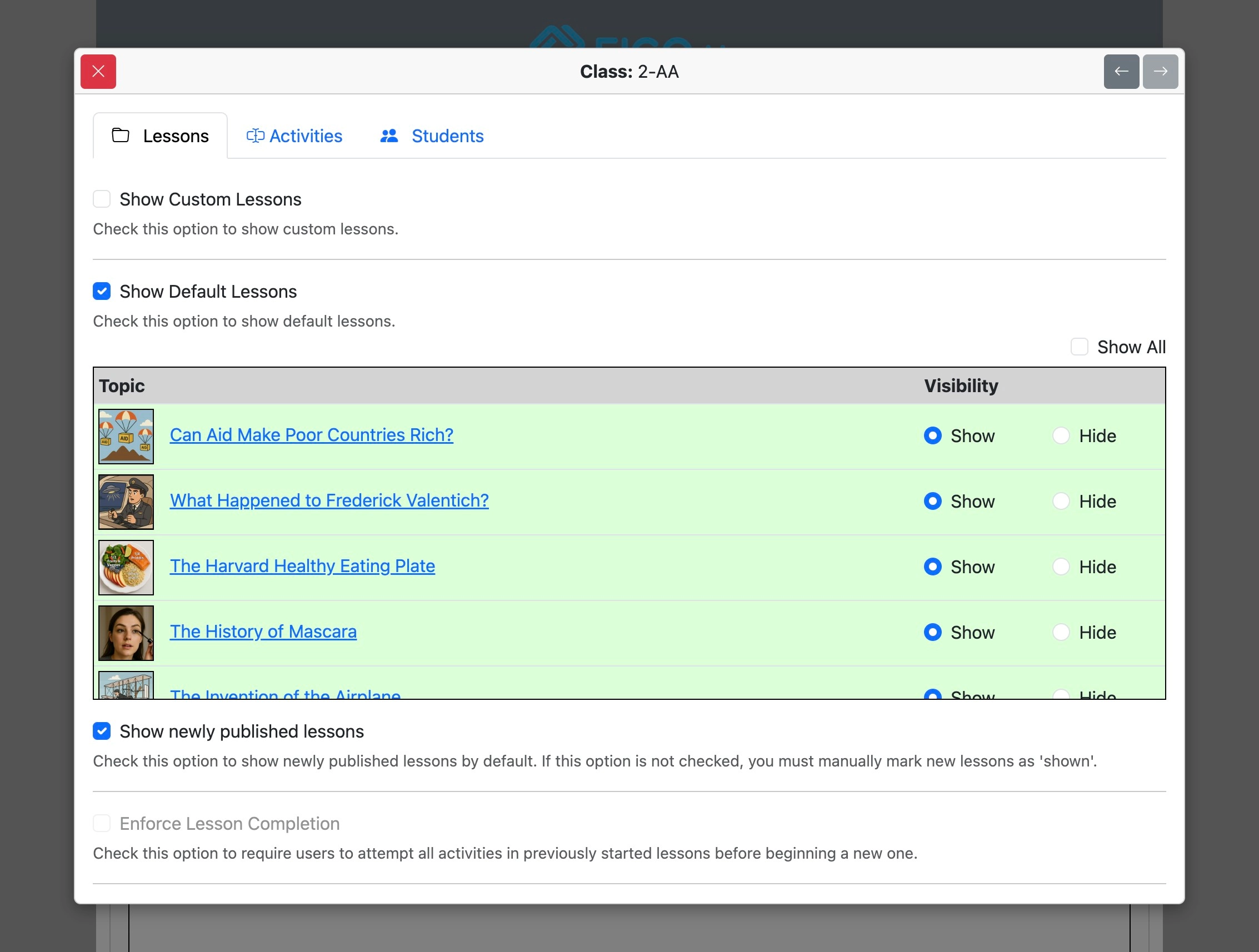 Screenshot for How to override institutional options for specified classes, step 5