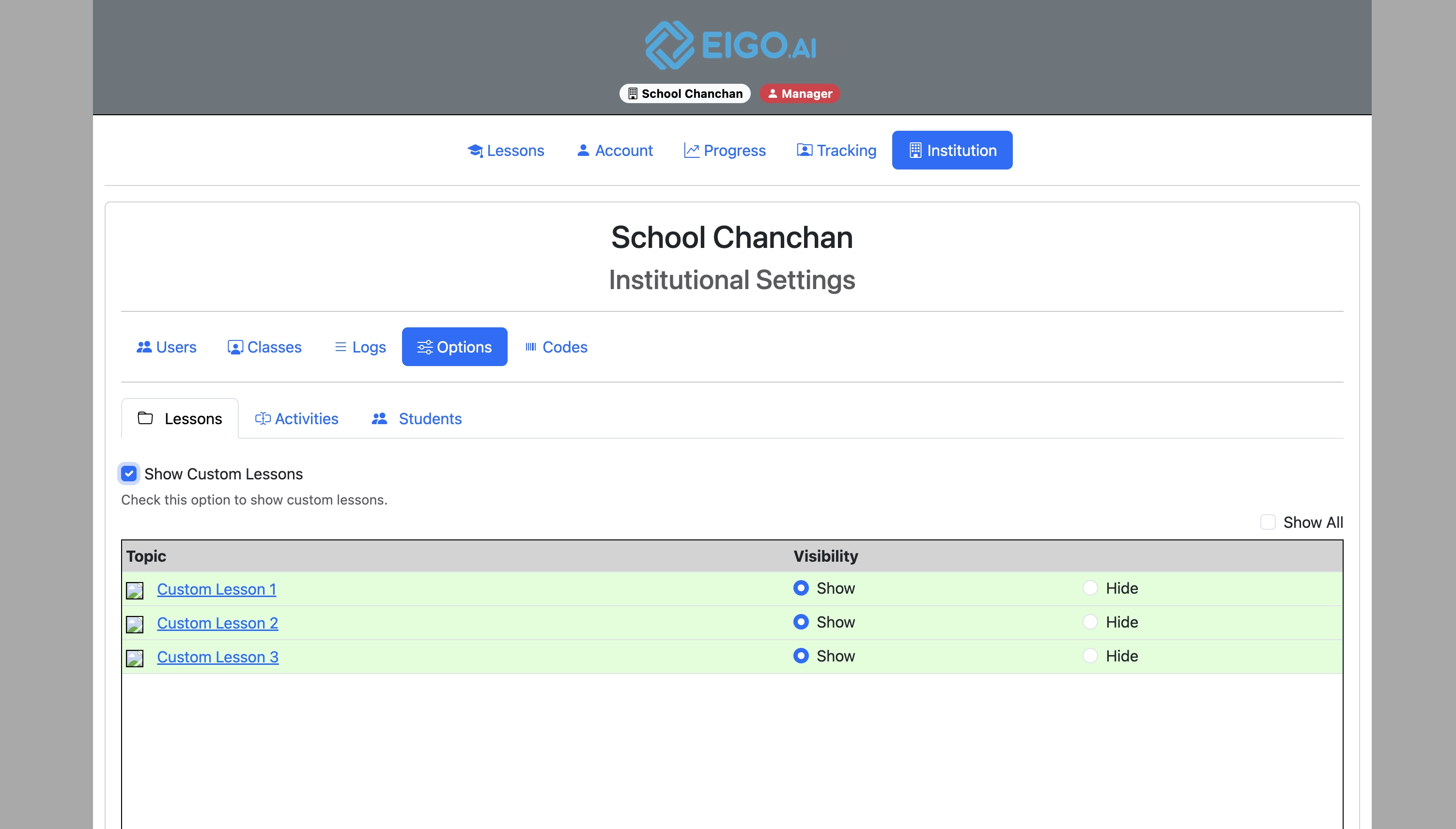 Screenshot for How to override institutional options for specified classes, step 6